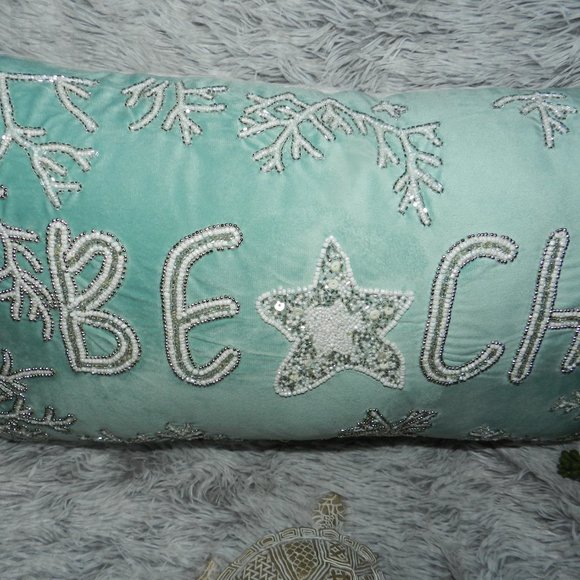Admaira Home Beaded "Beach" Decorative Throw Statement Suede Pillow Aqua NWT - Picture 5 of 15